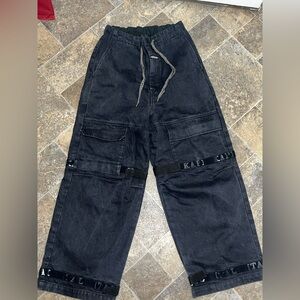 KAPITAL 14OZ BLACK DENIM NOUVELLE SHUTTLE PANTS